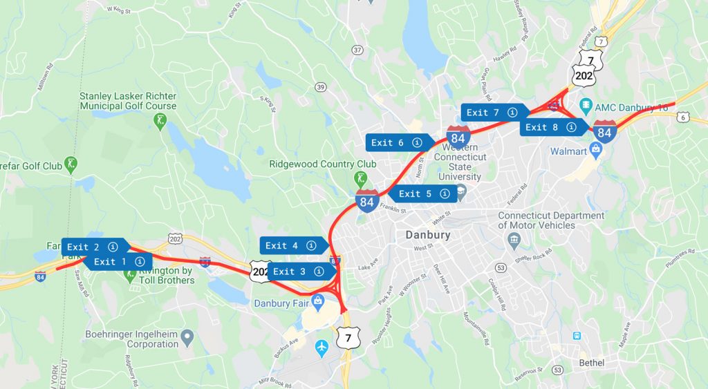 Interactive project map displaying I84 in Danbury from Exits 1 through