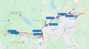 Interactive project map displaying I-84 in Danbury from Exits 1 through 8.