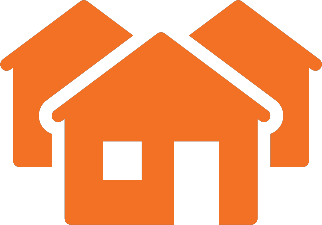 Icon of three orange houses representing a residential neighborhood.